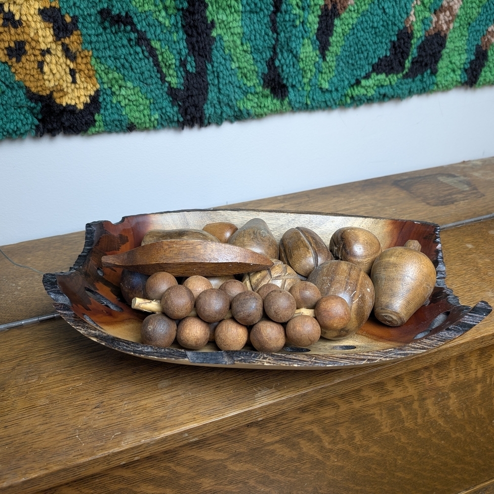 Vintage MCM Carved Wood Fruit Bowl Set Live Edge Sculptural Midcentury Modern